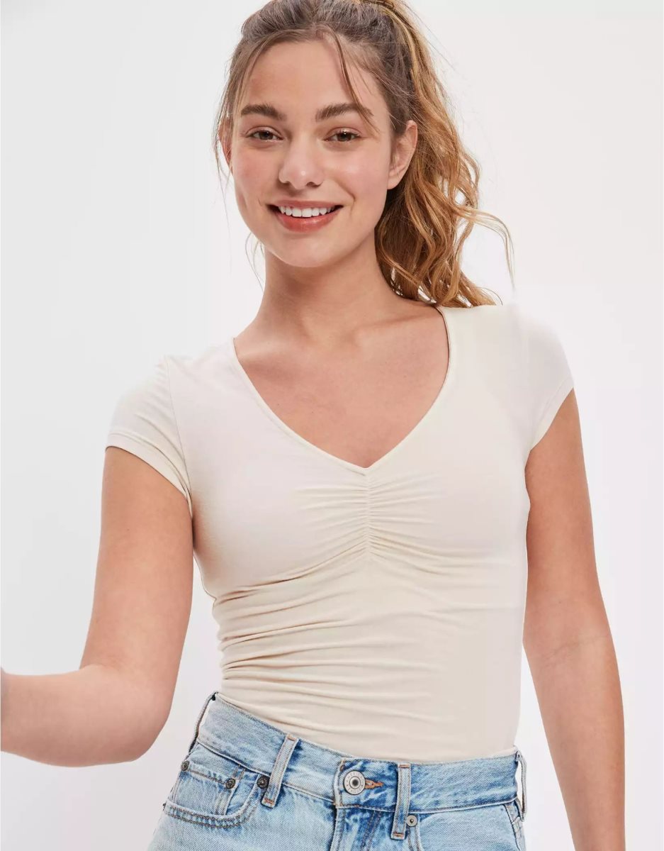 T Shirts American Eagle AE Soft & Sexy Cinch-Front Tee Blanche Femme | EQO-97208488